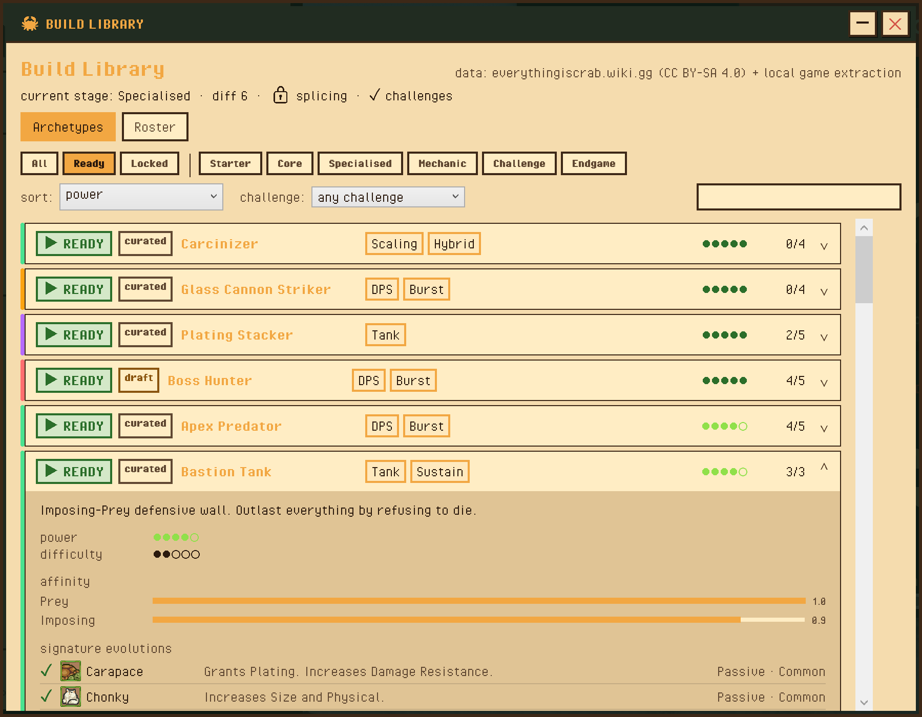 The Build Library window listing curated builds with role tags, power ratings and readiness, with Bastion Tank expanded to show its affinity bars and signature evolutions.