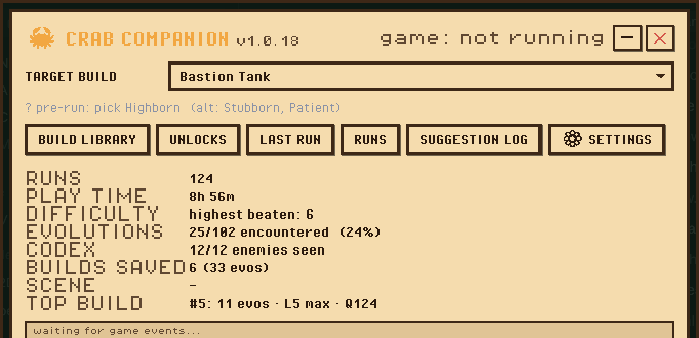 The Crab Companion main window: target build selector, quick links to the Build Library, Unlocks, Last Run, Runs and Suggestion Log, and career stats — runs, play time, difficulty, codex progress.