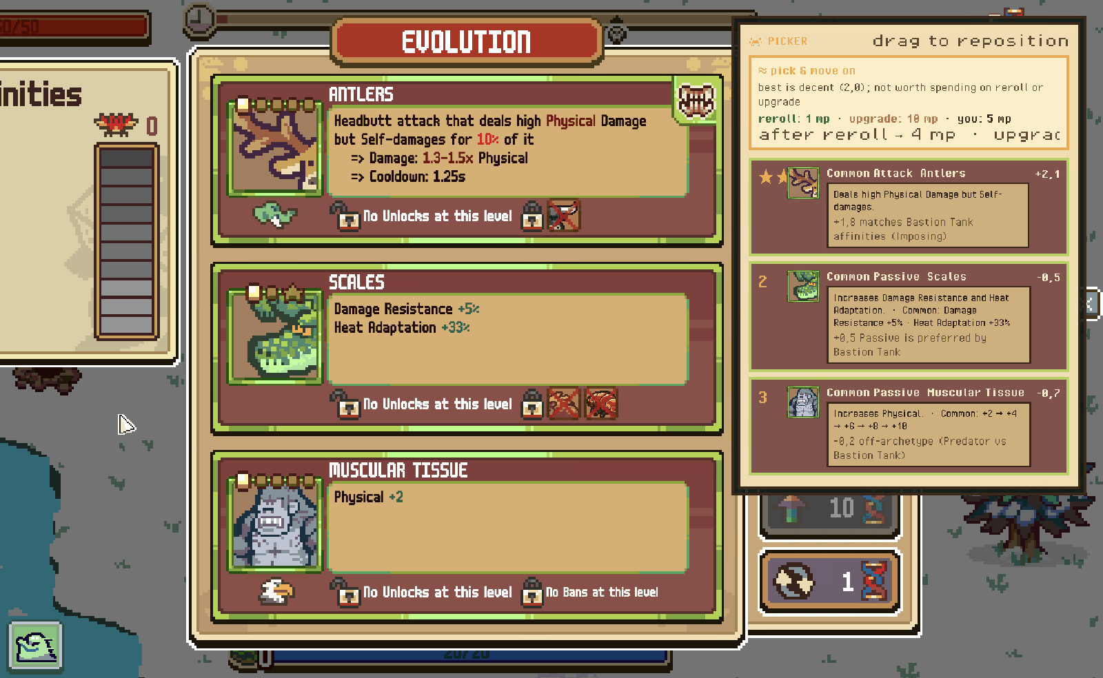 In-game evolution picker with the companion's overlay beside it, ranking Antlers, Scales and Muscular Tissue with scores and a one-line reason for each.