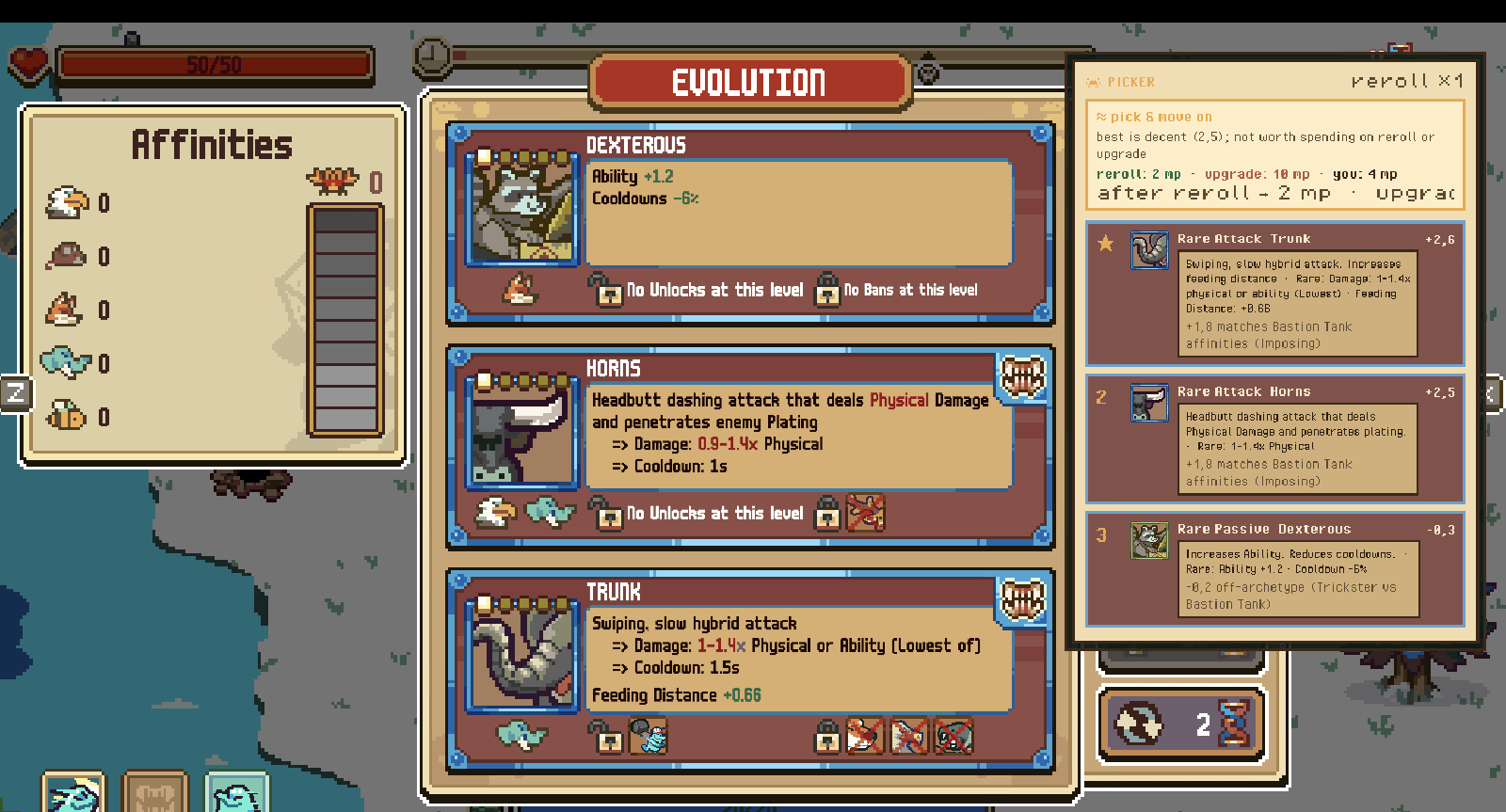 The picker overlay on a rare-tier offer, showing reroll and upgrade costs against the player's remaining mutagen and what would be left after a reroll.