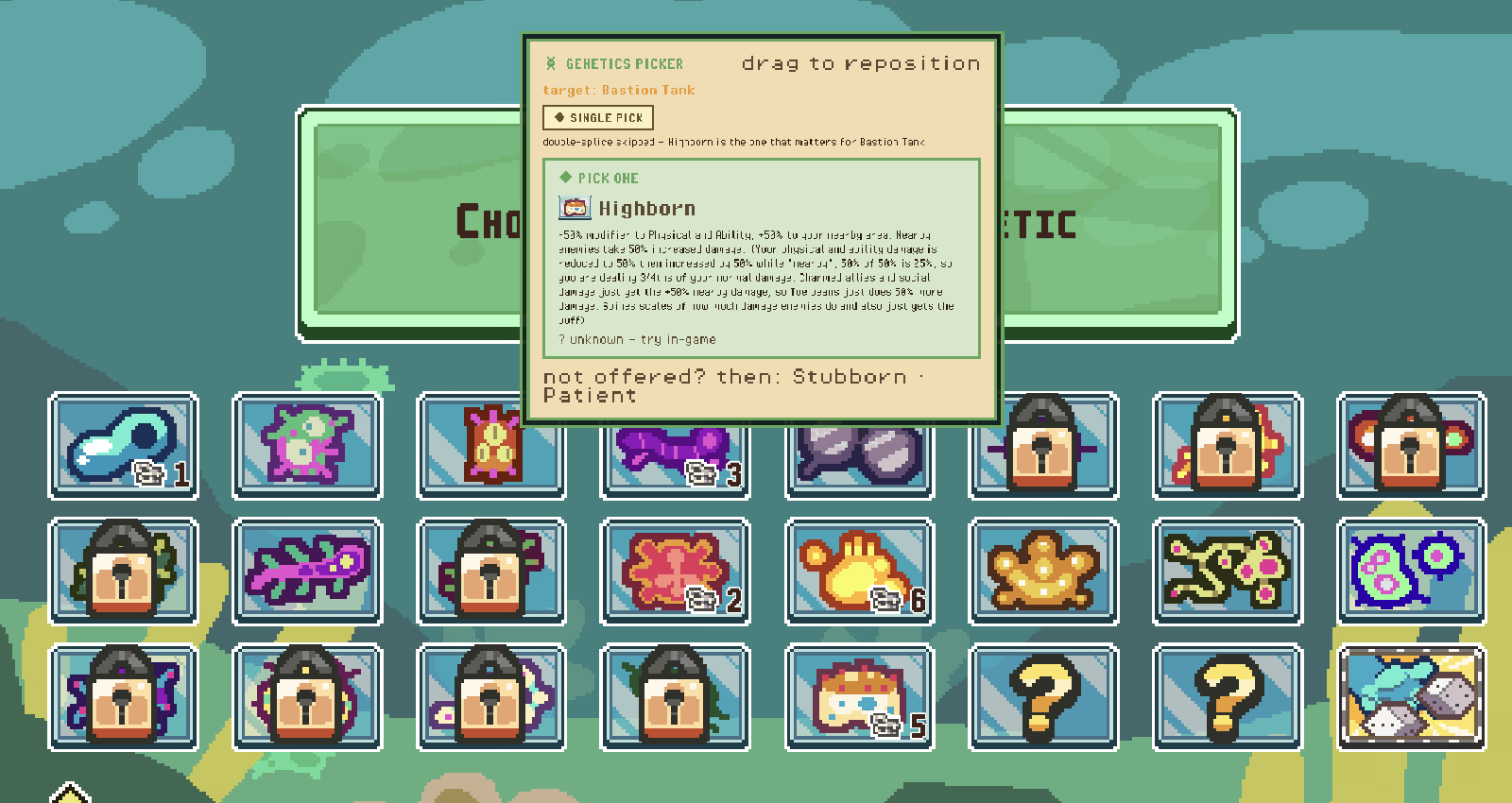 After skipping the double-splice, the overlay shows a SINGLE PICK badge with one recommended genetic, Highborn, and a fallback line naming Stubborn and Patient, over the game's full genetics pool.