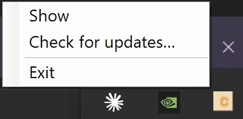 The companion's system-tray right-click menu with Show, Check for updates and Exit entries.
