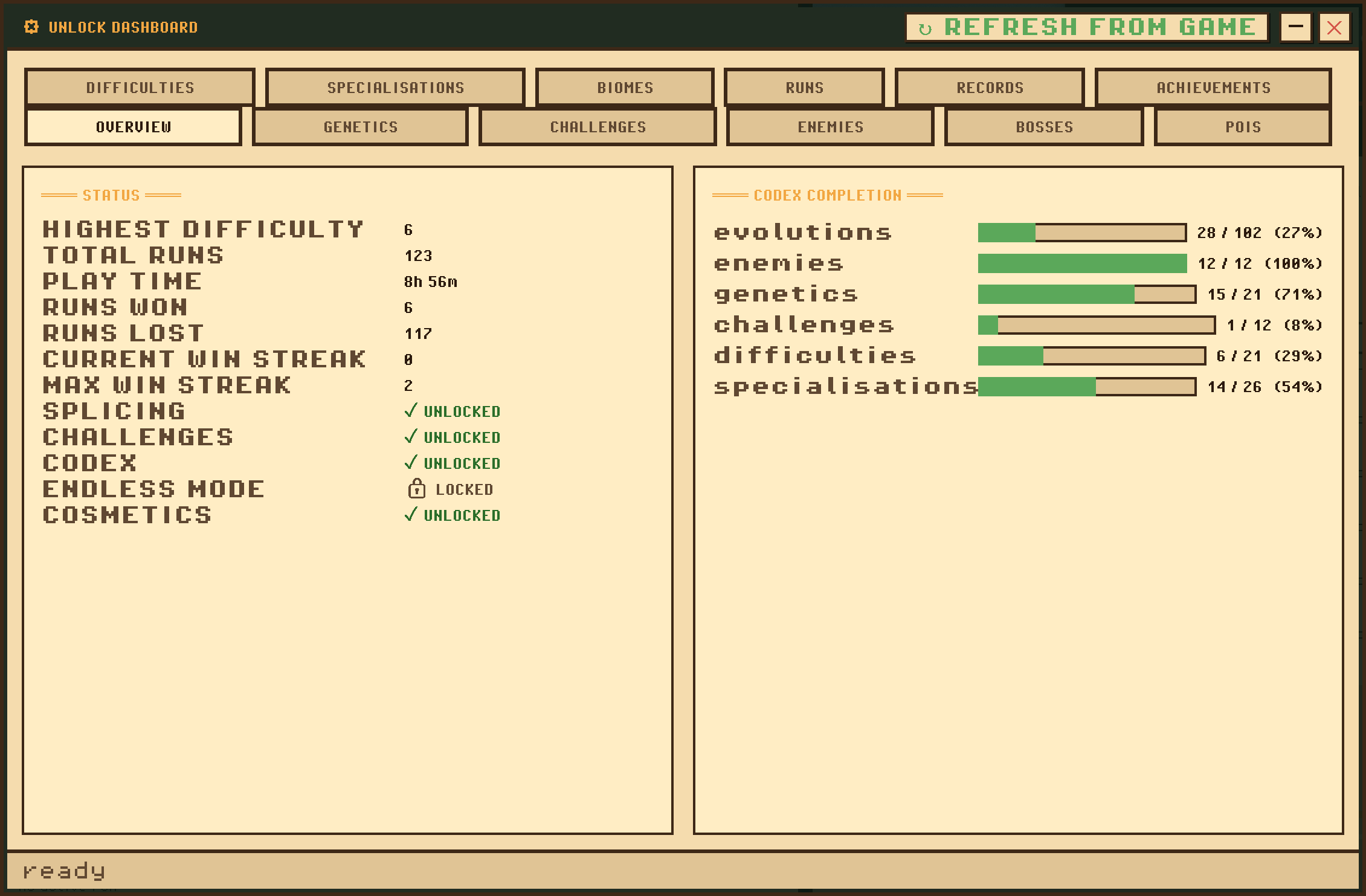 Unlock dashboard overview tab: status panel with difficulty, runs, play time and unlock flags, next to codex completion bars for evolutions, enemies, genetics, challenges, difficulties and specialisations.